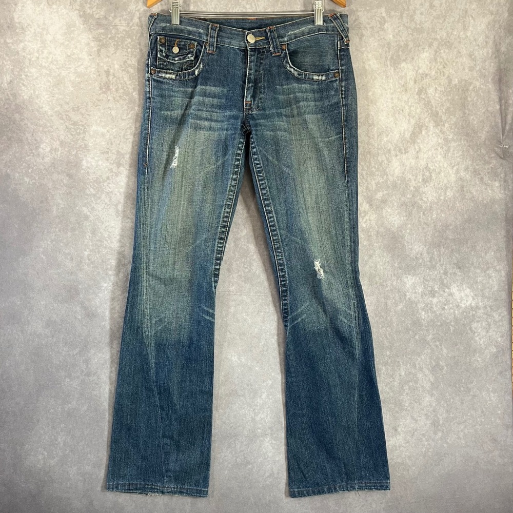True Religion Joey Flare Jeans Women 34 Blue Embroider Pocket Distress *See Pic*